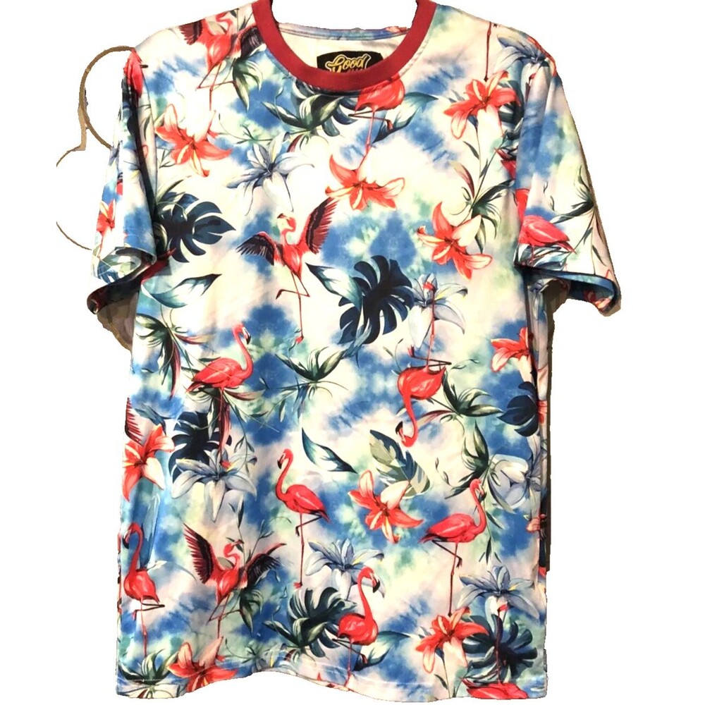 Good Vibes Flamingo Tropical T Shirt Mens Medium Blue Floral Graphic Tee